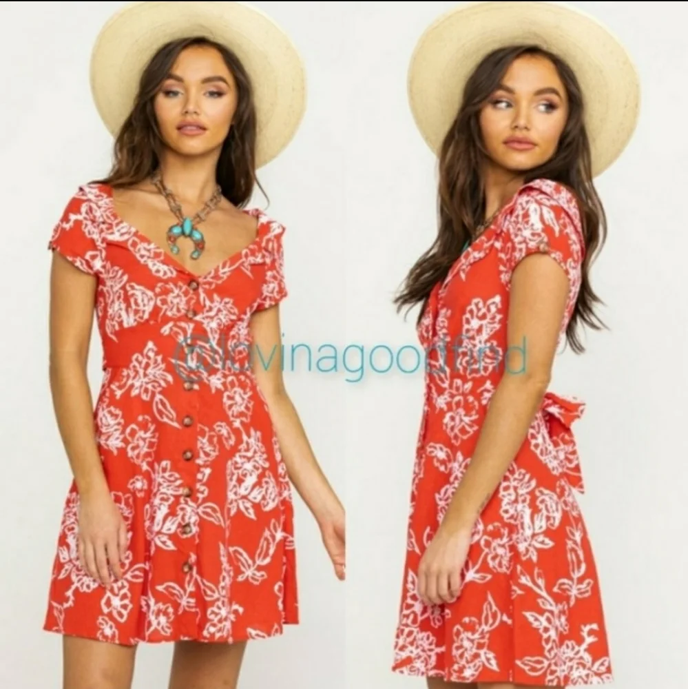 FREE PEOPLE A Thing Called Love Mini Linen Red Floral Dress NWT sz 12